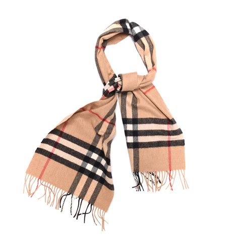 Burberry Cashmere Giant Heritage Check Fringe Scarf Camel .